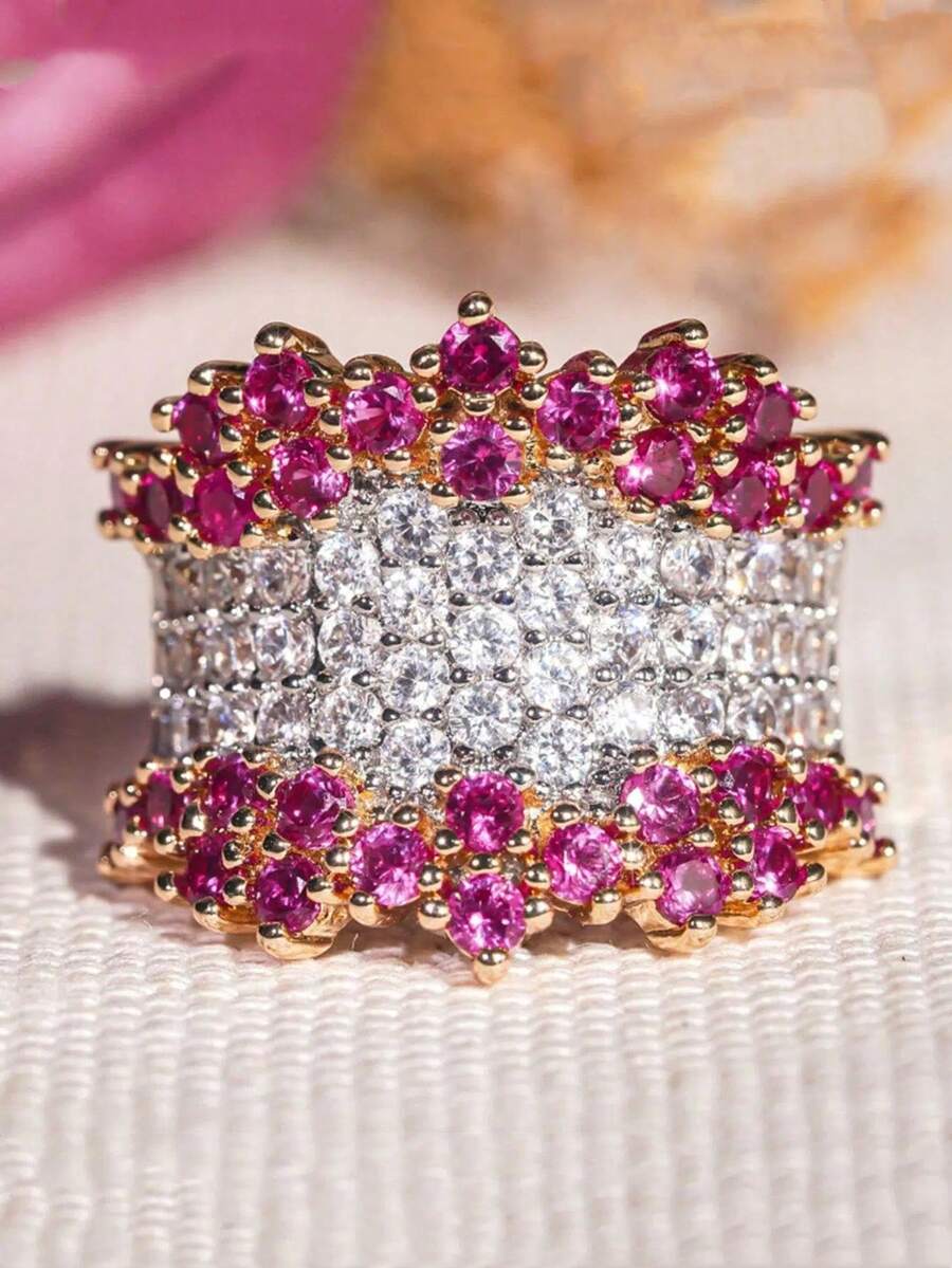 Eterna Glow 1 Peça Anel Luxuoso Cintilante com Zircônia Branca e Vermelha, Combinado com Anéis de Noivado e Casamento Elegantes para Mulheres, Presentes de Jóias para o Dia dos Namorados - anel - Visão 1