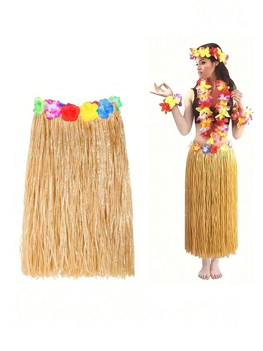 2/1pc Hawaiian Grass Skirt With Colorful Flowers, Unisex Tropical Style Party Decoration, Holiday Photo Prop, Suitable For Beach Party - Multiple Styles - View 1