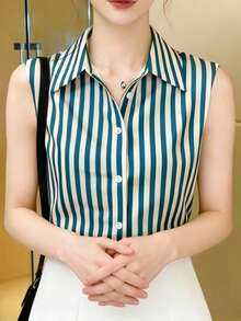Women's Sleeveless Button-Up Shirt, Striped Pattern Loose Fit Summer Top, Elegant Collar, Machine Washable For Casual Or Formal Occasions, Opaque Fabric, Single-Breasted Blouse - Dusty Blue - View 9