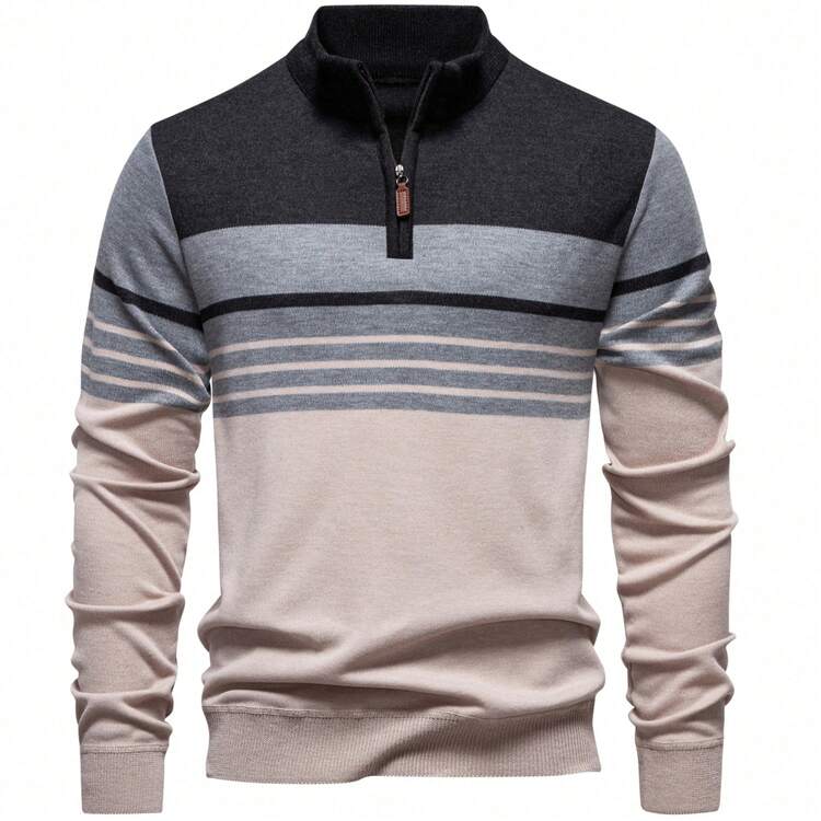 Camisa polo de hombre con media cremallera a rayas, suéter delgado de punto con media cremallera, manga larga, casual y holgado, de parche, de uso diario, de color contrastante, de moda minimalista - Beis - Añade 9