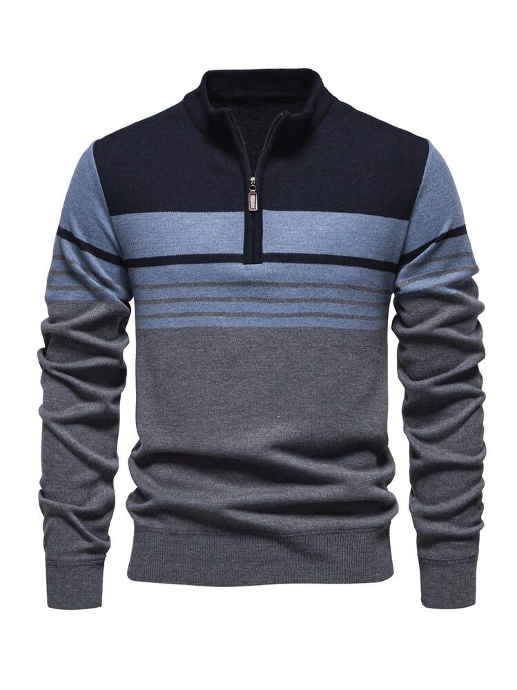 Camisa Polo Masculina Listrada com Zíper Parcial, Manga Longa Casual Solta Retalhos Diária com Zíper Parcial, Suéter Tricotado Fino, Estilo Minimalista Colorblock - Azul - Visão 13
