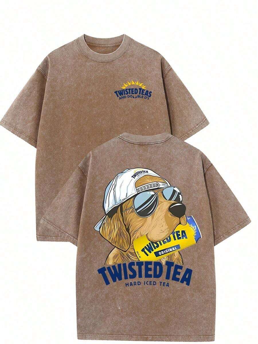 Vintage Washed Dog Graphic T‑Shirt, Retro Sunglasses Dog Print Crew Neck Short Sleeve Casual Fall Streetwear Oversized Tee For Women - 彩色 - 查看 1