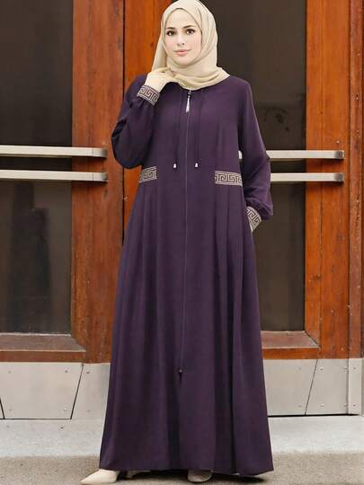 Women's Casual High-End Fringe Zipper Pocket Raglan Robe, Traditional Arabic Style Spring