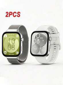 2条装硅胶和不锈钢表带，适用于华为Watch FIT 2/3/4/4 Pro，金属表扣，适合休闲佩戴、商务馈赠、生日、圣诞节、周年纪念日、节日礼物。 - 白色 - 查看 2