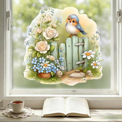 CHAILLY Cute Bird Fence & Colorful Rose Window Stickers, Waterproof Reusable Self-Adhesive Decor For Living Room, Bedroom & Study