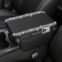 1 pieza Funda de reposabrazos de coche con strass brillante, alfombrilla de salpicadero de coche de PU acolchado de lujo con bolsillo de almacenamiento lateral, accesorio de interior de coche con patrón de diamantes y cristales brillantes, ajuste universal para SUV, sedán, camión y otros vehículos - Estilo A - Ver 13