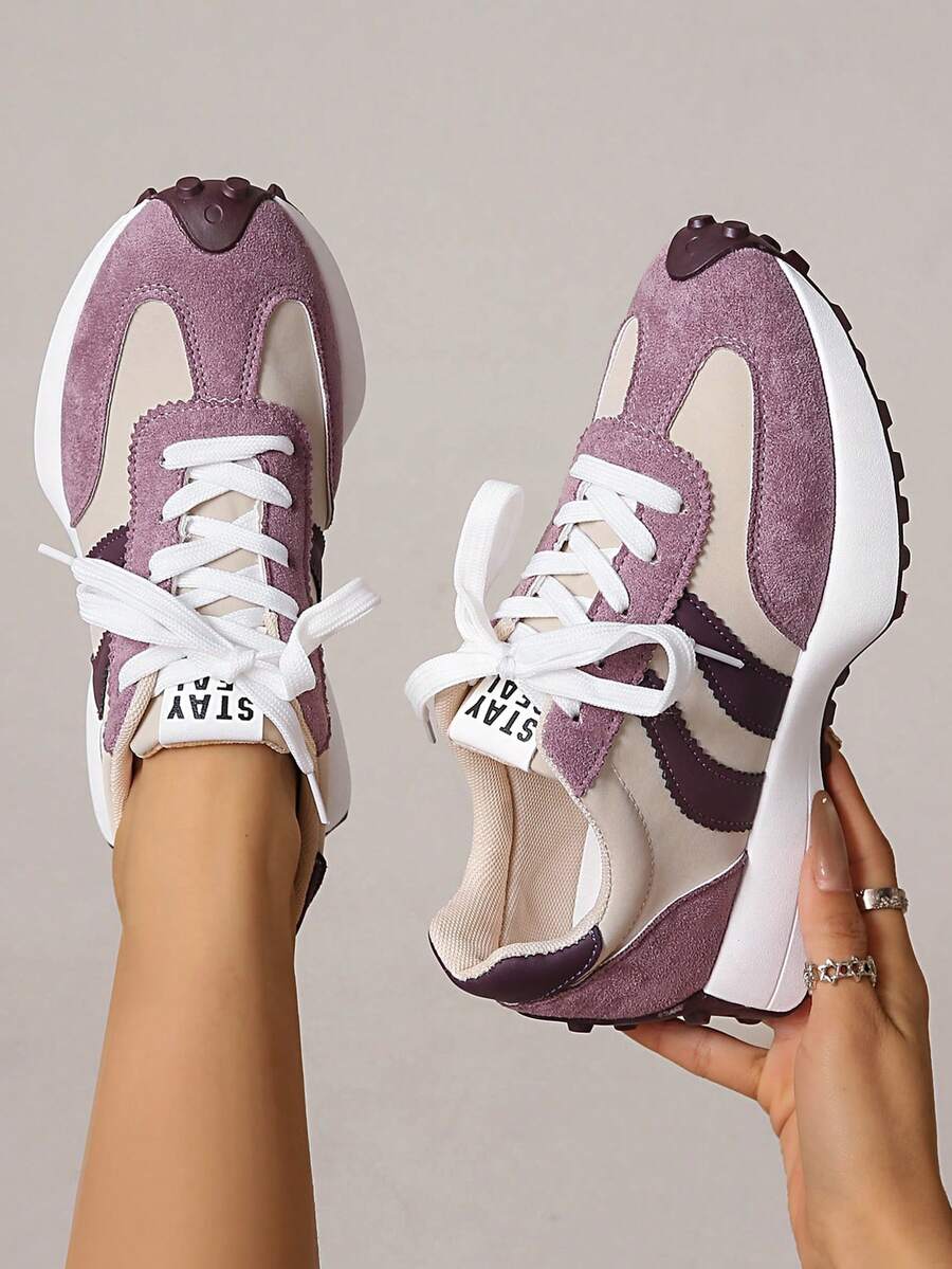 2026新款女士厚底运动鞋，四季系带厚底运动鞋，春夏透气拼接休闲鞋 - 紫色 - 查看 1