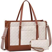 NEWHEY Tote Bag Set, Men's 15.6-Inch Laptop Bag, Plain Leather Work Tote Bag, Quilted Unisex Briefcase, Designer Laptop Bag, Office Teacher University Simple Laptop Bag With Wallet, Professional Beige And Brown - Multicolor - View 2