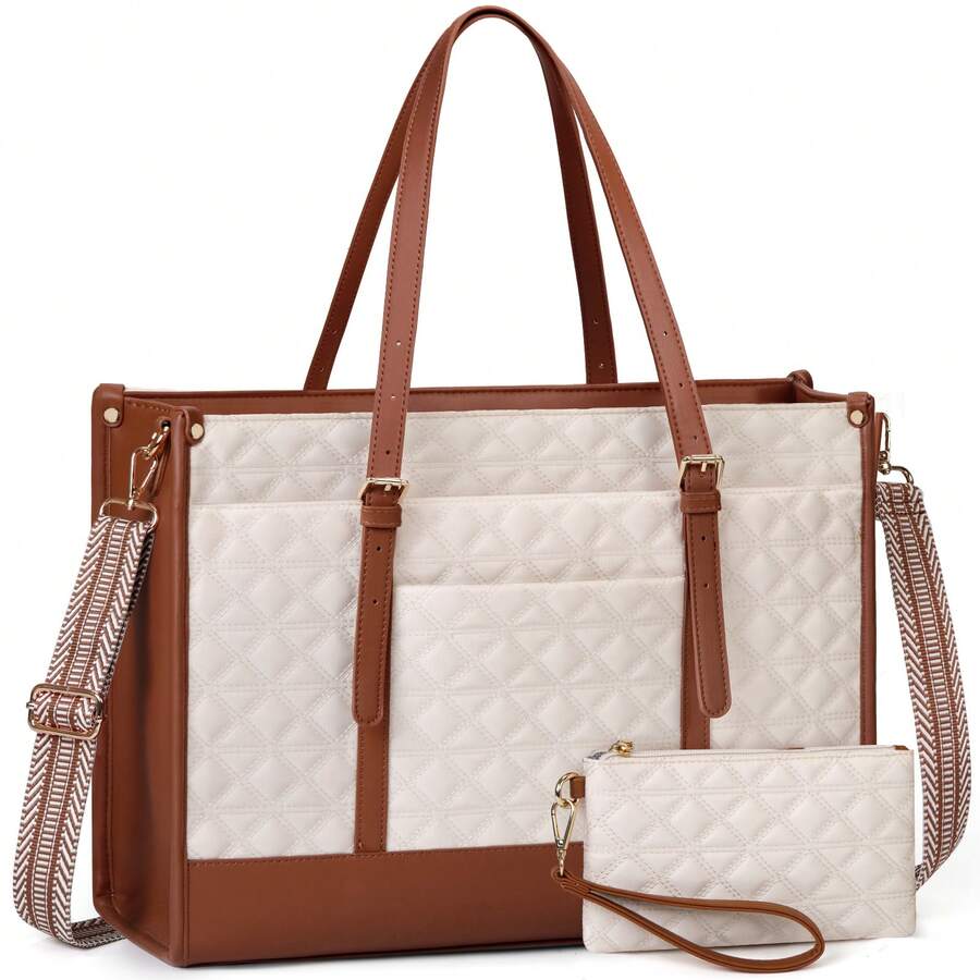 NEWHEY Tote Bag Set, Men's 15.6-Inch Laptop Bag, Plain Leather Work Tote Bag, Quilted Unisex Briefcase, Designer Laptop Bag, Office Teacher University Simple Laptop Bag With Wallet, Professional Beige And Brown