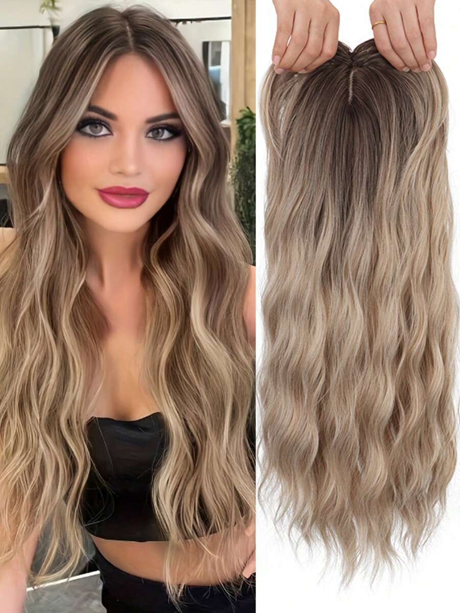 Elegant Ombre Blonde Dark Roots Synthetic Hair Topper Water Wave Hairpiece Invisible Seamless Topper Instant Hair Increase Volume Easy Care Daily Wear Thinning Hair / Instant Volume - 彩色 - 查看 1