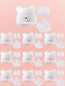 3pcs Baby Cute Bear Ear Hat + Anti-Scratch Mittens + Socks Set, Soft Breathable Newborn Hospital Hat, Love & Letter Print Infant Beanie, Suitable For 0-3 Months Daily Wear - White - View 3