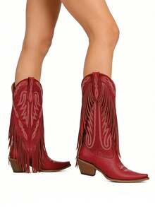 Fashionable Casual Western Boots For Women Tassels Embroidered Block Heel Boots High Heels Slip-On Vintage Women's Boots - 紅色 - 查看 6