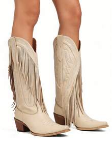 Fashionable Casual Western Boots For Women Tassels Embroidered Block Heel Boots High Heels Slip-On Vintage Women's Boots - 杏色 - 查看 6