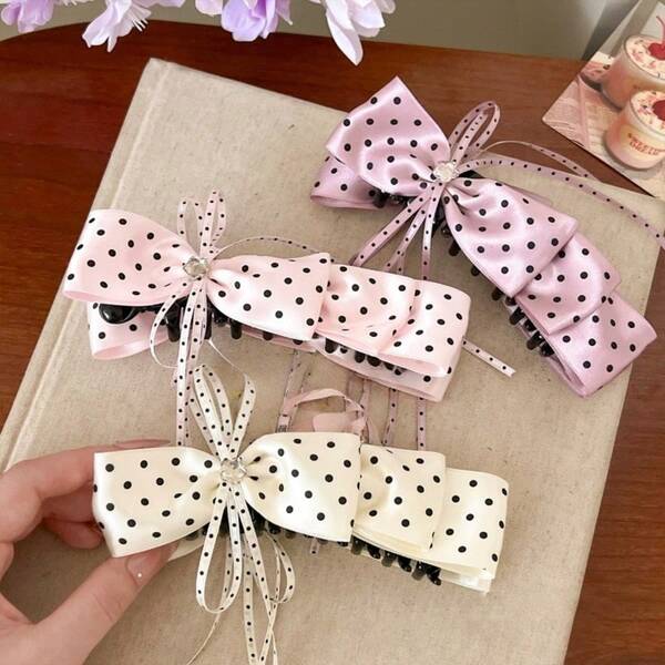 1个甜美女孩香蕉夹波点撞色多功能蝴蝶结发夹，优雅高马尾发饰