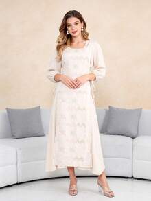 2026 New Style Festival Traditional Elegant Embroidered Floral Arabic Dress, Modest Abaya With 2 In 1 Design, 3/4 Sleeve, Fashionable And Graceful - Apricot - View 7