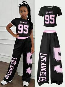 Tween Mädchen Süß & Cool Baddie Alltagskleidung Set Los Angeles Muster Rundhals Kurz T-Shirt + Weite Hose Zwei Teile Set, Rosa und Set - Schwarz - Übersicht 5