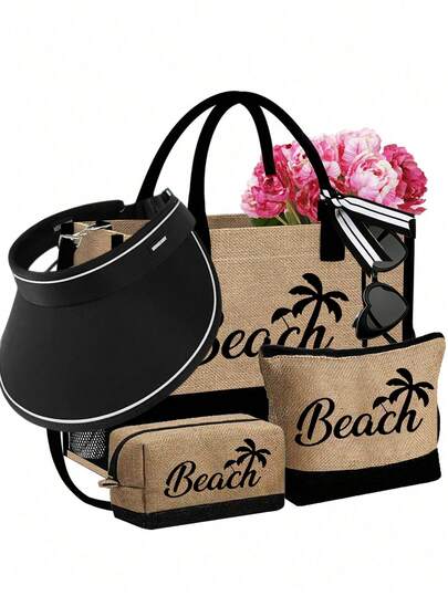 Bộ 5 túi đi biển, in hình cây cọ "Beach", thiết kế in hoa chữ cái A-Z độc đáo. Mũ chống nắng mùa xuân hè, mũ che nắng đa năng, vành rộng, có thể gấp gọn. Túi đeo vai đơn giản dung tích lớn có quai đeo vai, túi bên hông và khăn lụa, túi đựng mỹ phẩm di động, túi đựng đồ dùng hàng ngày.