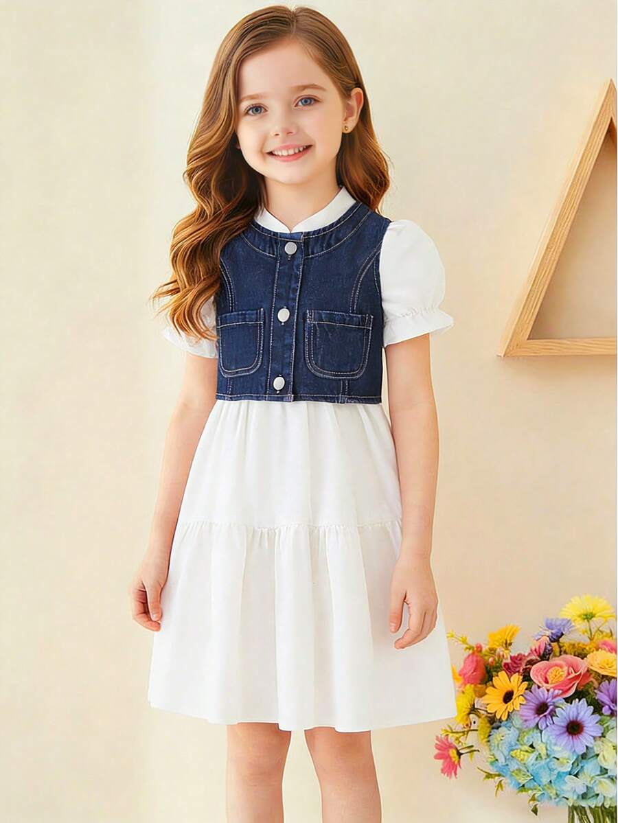 Bộ 2 món cho bé gái, gồm váy trắng rộng rãi dễ thương và áo khoác gile denim bạc màu, thích hợp mặc ngoài trời và đi du lịch hàng ngày. - Nhiều màu - Xem 1