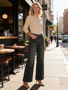 Women's High-Waist Straight-Leg Denim Jeans - Slimming Vintage Style, Stretch Blend With Classic Button Closure, Casual Retro Everyday Fashion - màu đen - Xem 9