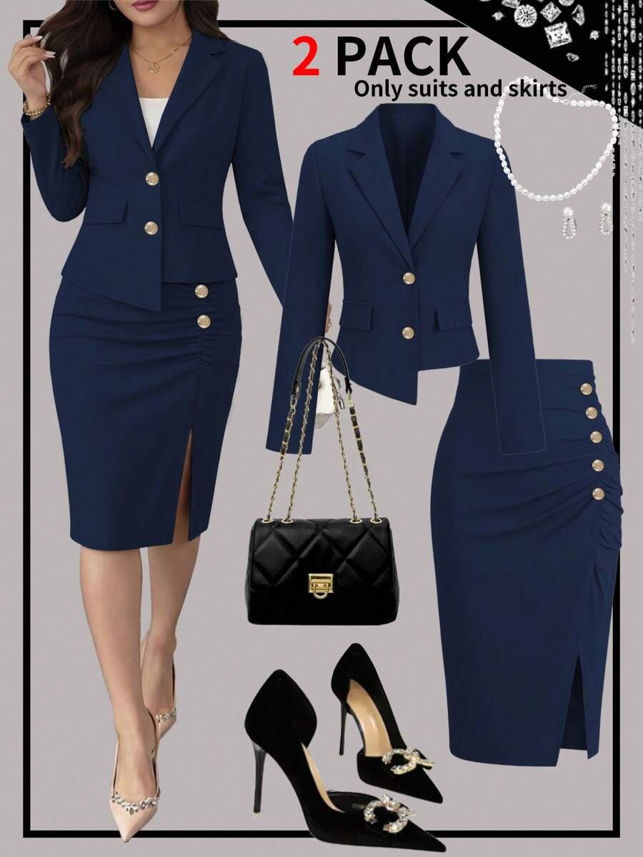 Women's Elegant Commuter Style Blazer Jacket Paired With Split Hem Skirt 2 Pieces Set, Spring/Summer - Navy 22 - View 1