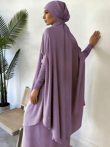 两件套穆斯林女性祈祷服套装，长袖宽松长袍，祈祷头巾，适合节日穿着 - 彩色 - 查看 8