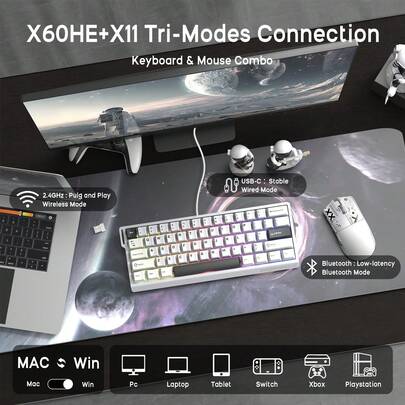 ATTACK SHARK X11 Mouse And X60 HE Keyboard Wireless Gaming Combo, Magnetic Switch,8K Polling Rate, Hall Effect, Rapid Trigger,PAW3311 Optical Sensor,22K DPI, Lightweight, Includes Anti-Slip Mouse Grips