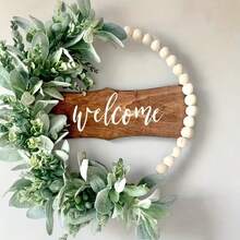 Rustic Floral Wreath, Eucalyptus Leaves And Wooden Beads Surrounding, Wooden Plaque Accent, Suitable For Front Door, Window Sill, Porch, Indoor And Outdoor Decor, Thanksgiving, Christmas, Harvest Season Home Decor, Holiday Party Decoration - Multicolor - View 4