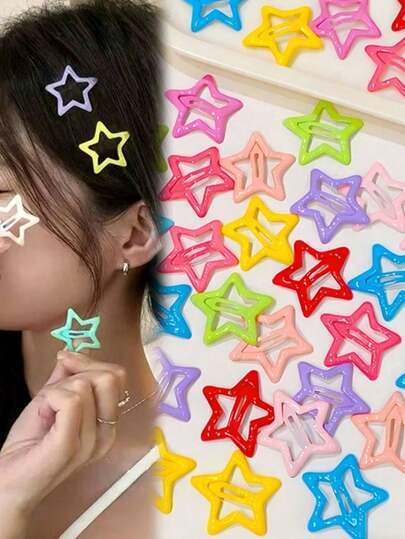 10/20/30/50pcs Mixed Color Sweet Colored Star Hair Clips, Ideal Girls Hair Accessories For Party Holiday Hairstyles (Random Color)