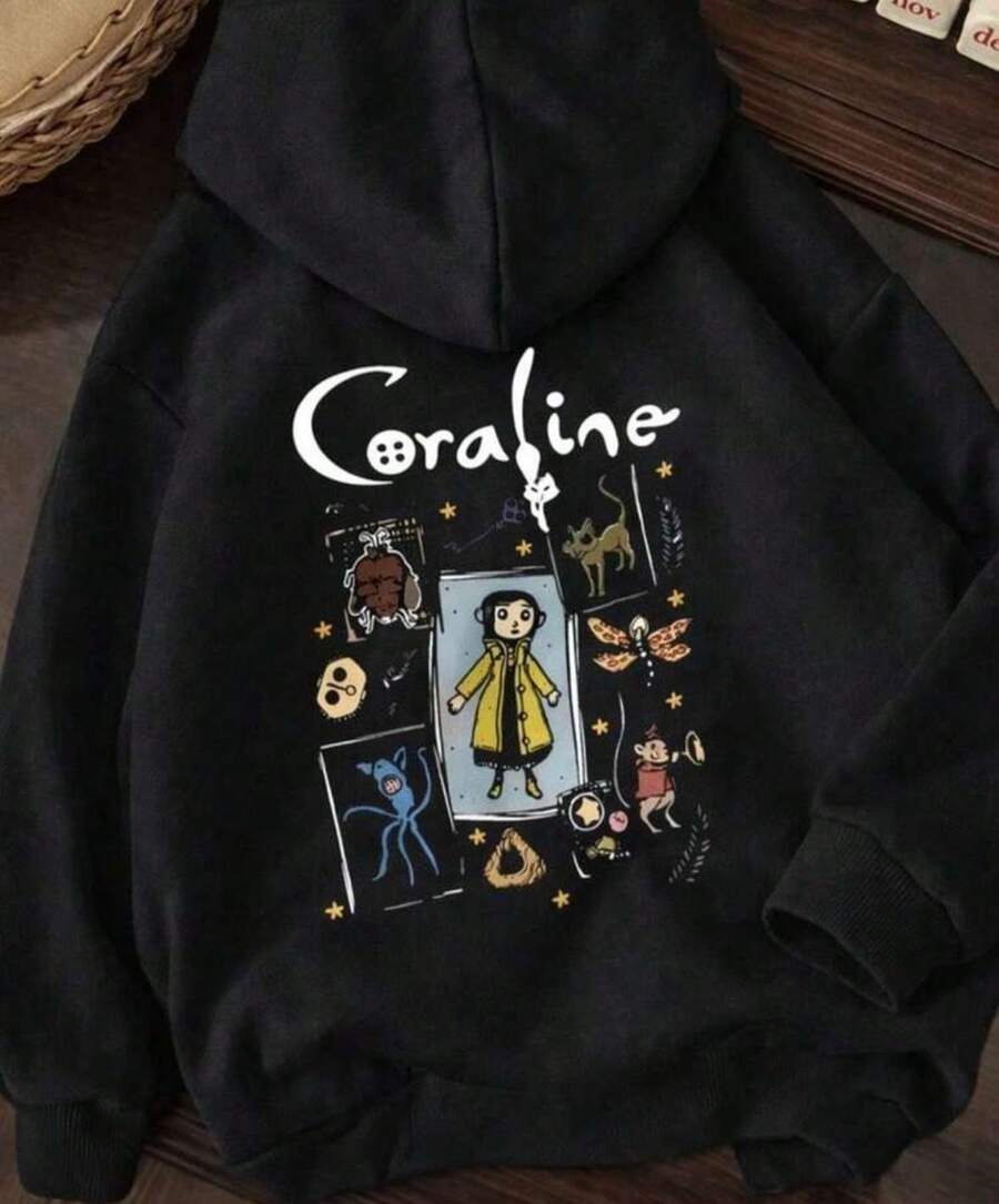 Women's Printed Kangaroo Hoodie Sweatshirt, Comfortable, Casual, Everyday, Cold Weather, Winter. Model: Coralin - New Arrival / Special Offer - 黑色 - 查看 1