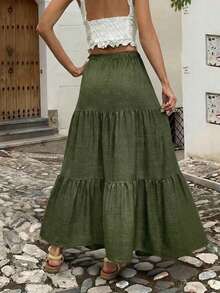 EARO Women's Long Layered Skirt, Drawstring Waist, Casual Fabric, Non-Stretch, Suitable For Daily Wear Spring - Green - View 4
