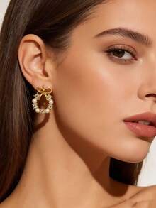 1 Par de Brincos Redondos Elegantes para Noiva com Decoração de Laço Dourado e Pérola Falsa, Presente do Dia dos Namorados - Dourado - Visão 6