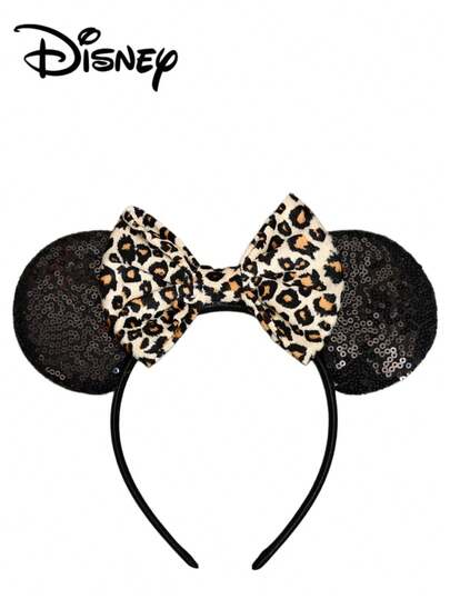 Disney 1pc Black Sequin + Leopard Print Headband, Festive Party Headpiece, Photo Prop, Amusement Park Accessory, Suitable For Birthday Party And Easter Event, Cute Bow Cartoon Hair Clip, Princess Costume Accessory Hair Band Hair Hoop Hairband Diadema