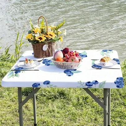 1pc Blueberry Print Elastic Tablecloth, Suitable For Indoor And Outdoor Use. Made Of High-Quality Material, Durable And Soft To The Touch, Ideal For Enhancing The Festive Party Atmosphere