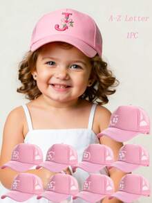 个性化 A-Z 花卉刺绣女童网眼棒球帽 - 可调节后扣卡车帽，夏季女孩必备 - 粉色 - 查看 1