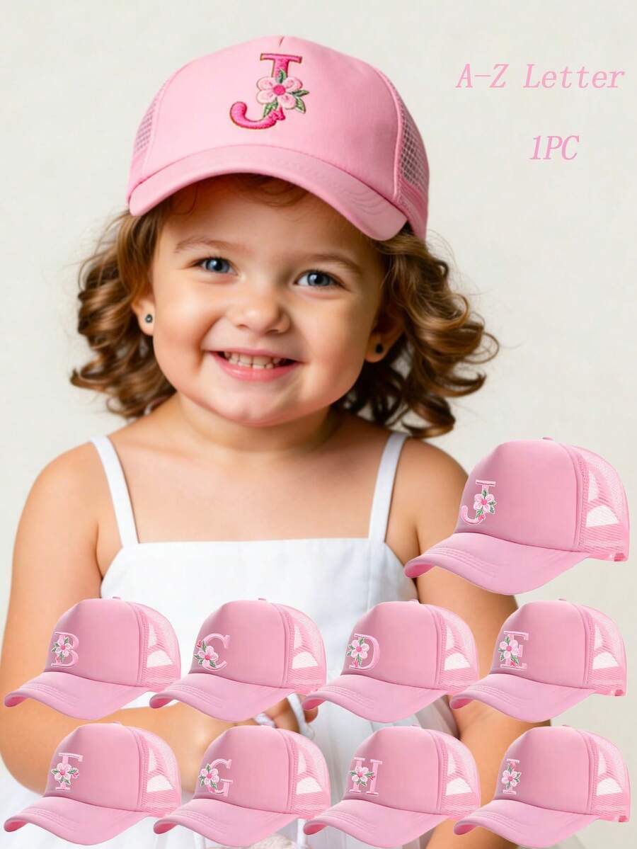 个性化 A-Z 花卉刺绣女童网眼棒球帽 - 可调节后扣卡车帽，夏季女孩必备 - 粉色 - 查看 1