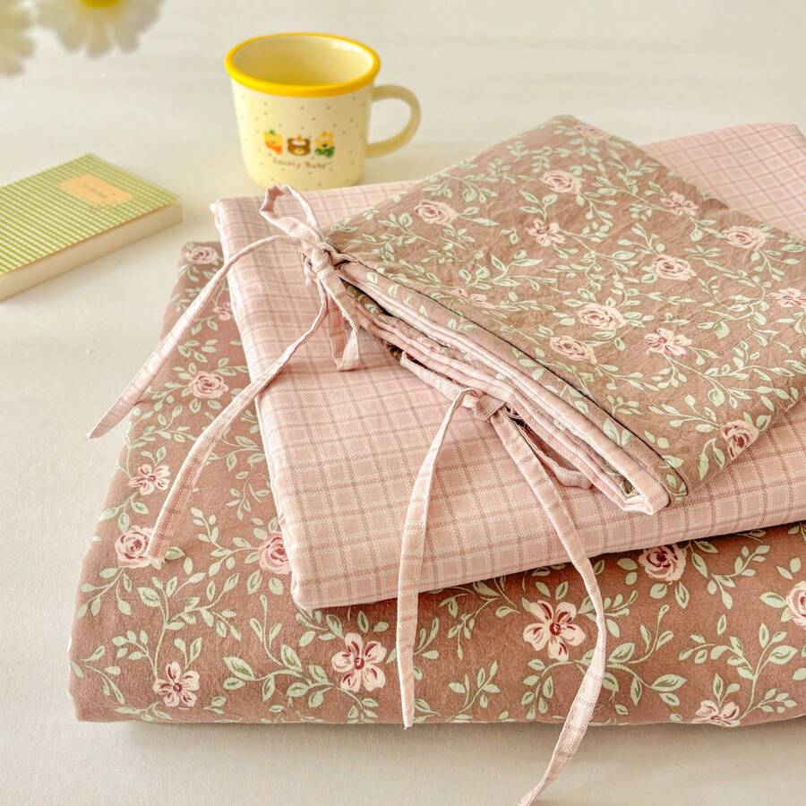 3pcs 100% Polyester 2026 Spring Floral Series AB Color Blocking Bedding Set, Includes 2 Bowknot Pillowcases + 1 Duvet Cover, Suitable For All Seasons