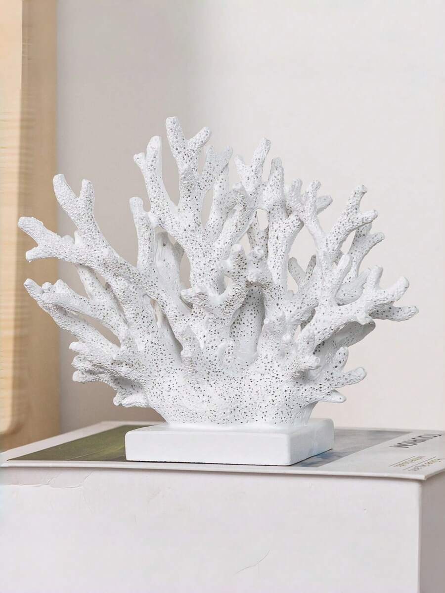 白色树脂珊瑚雕塑,海洋主题家居装饰,适用于海滩/海岸/航海风格的橱柜、架子和桌面装饰。 - 多款式 - 查看 1