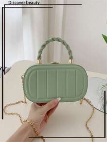 Solid Color PU Striped Embossed Vertical Stripe Fashionable Oval Twist Metal Handle City Tote Bag For Women - Mint Green - View 3