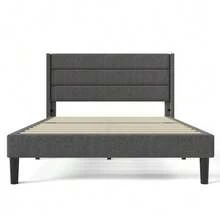 Upholstered Bed 140 X 200 Cm, Bed Frame With Slatted Base And Headboard, Upholstered Double Bed, Linen Fabric Cover In Dark Grey, Timeless Modern Design, Youth Bed - Dark Grey - View 7