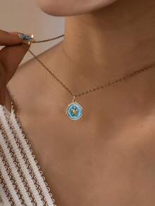 1 pieza Collar con colgante de esmalte azul con tema oceánico para mujeres - 12 estilos de encantos de playa (árbol de palma, caballito de mar, estrella de mar, tortuga) - Joyería de moda minimalista de verano para uso diario y vacaciones - Multicolor - Ver 9
