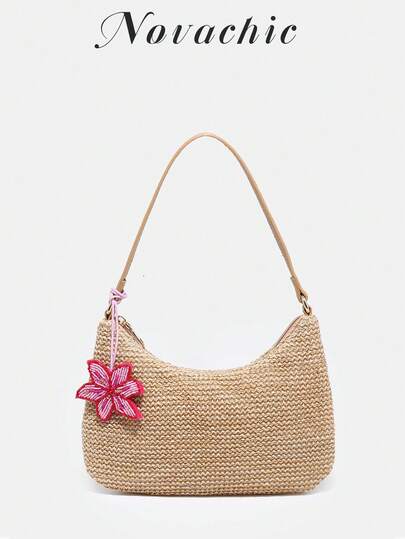 Novachic, Simple Woven Style, Ocean Animal Decor Pendant, Beaded Pendant, Starfish Chain Decor, Summer Bag, Beach Vacation Style, Women's Zipper Shoulder Bag, Underarm Bag, Hobo Bag, Suitable For Daily Use, Vacation, Etc.