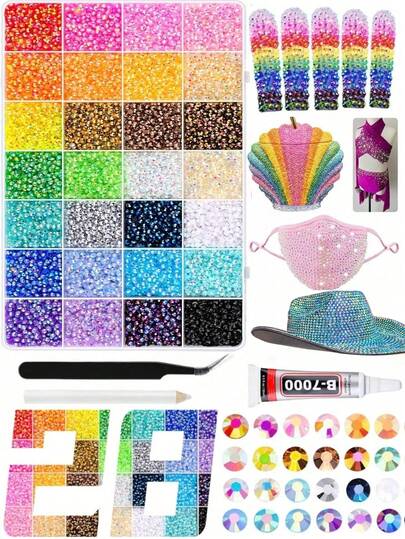 28pcs 3mm Non-Hot Fix Flat Back Resin Rhinestones - 28 Mixed Shiny Gem Colors, With Tweezers And Applicator Tool, For DIY Crafts, Clothing, Shoes, Nail Art, Fabrics And Cup Decorations