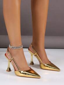 Women's Pointed Toe High Heel Shoes With Side Vertical Stripe And Gold Backstrap, Suitable For Party Wear - Gold - View 6
