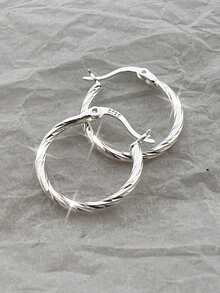 一对S925纯银极简韩日设计圆形螺纹耳环，时尚独特复古别致螺旋耳环，适合女孩日常佩戴的珠宝配饰 - 麻花 - 查看 5