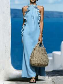 一件女士蓝色牛仔印花休闲波西米亚风褶皱/荷叶边下摆梭织连衣裙，适合度假海滩夏季休闲穿着，带口袋，春季优雅 - 淺色水洗藍 - 查看 3