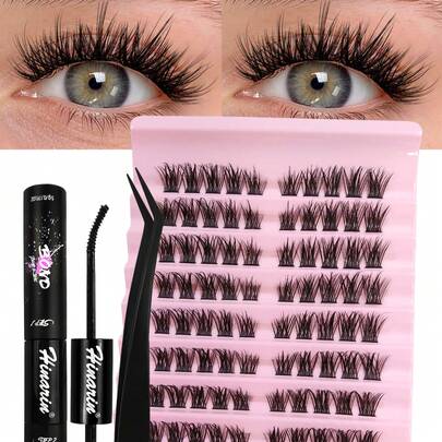 Hinarin 100 cặp mi giả hình mắt cáo D Curl, mi giả dạng chùm mắt mèo, mi giả nối mi từng sợi mỏng nhẹ, tự làm tại nhà kèm keo dán và nhíp.