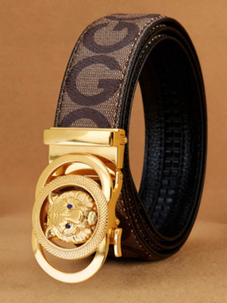 男士高级金虎头腰带 - 棕色 GG 字母印花，奢华棘轮腰带，配蓝色水晶眼睛 - 彩色 - 查看 1