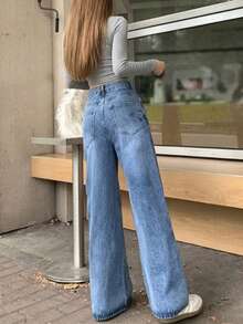 YEAE | Quần jeans ống rộng nữ có túi và cúc, kiểu dáng thường ngày, đa năng, thích hợp mặc trong mùa xuân. - Rửa nhẹ - Xem 3