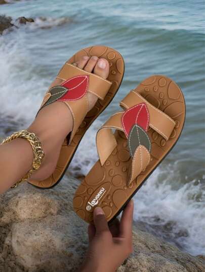 1 đôi dép lê nữ màu đen thanh lịch họa tiết lá, chất liệu da PU, kiểu xỏ chân, tiện dụng cho bãi biển/nhà, đế mềm nhẹ, thích hợp cho mùa hè.