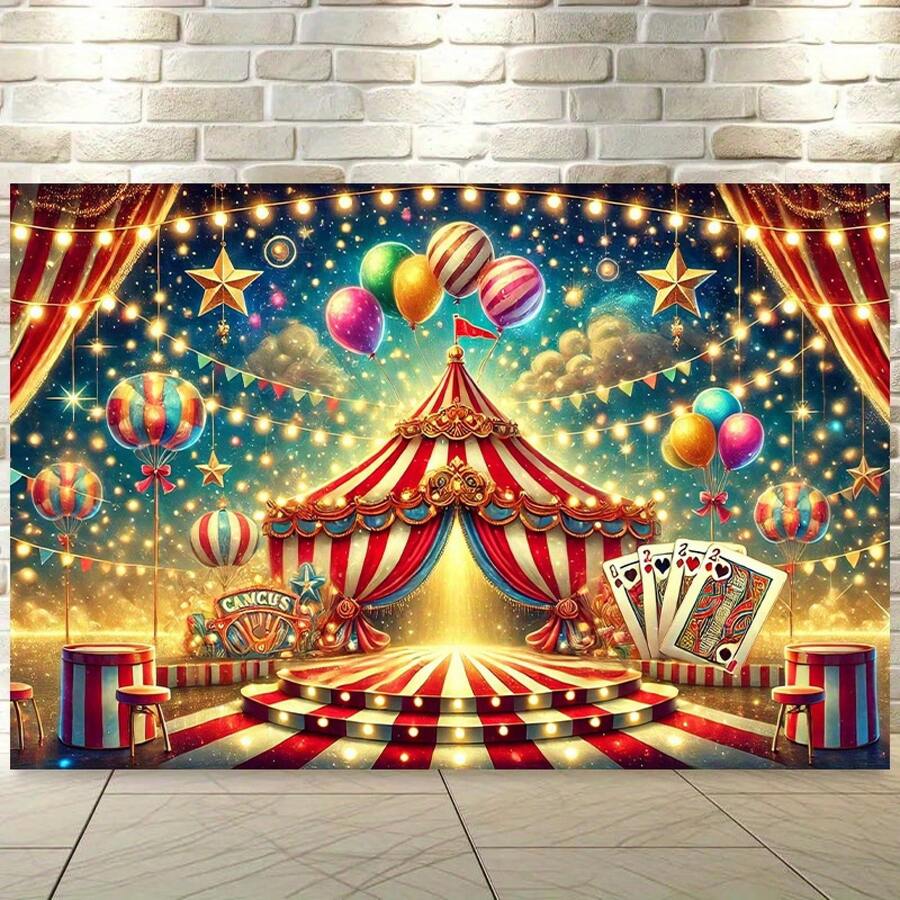1pc Circus-Themed Polyester Backdrop Banner - Vibrant Stage Design With Red & White Stripes, Colorful Balloons, And "CIRCUS" Text - Perfect For Parties, Weddings, Birthdays, And Photo Shoots - 8.0x6.0ft, Circusthemed Decorations - Như hình minh họa. - Xem 1